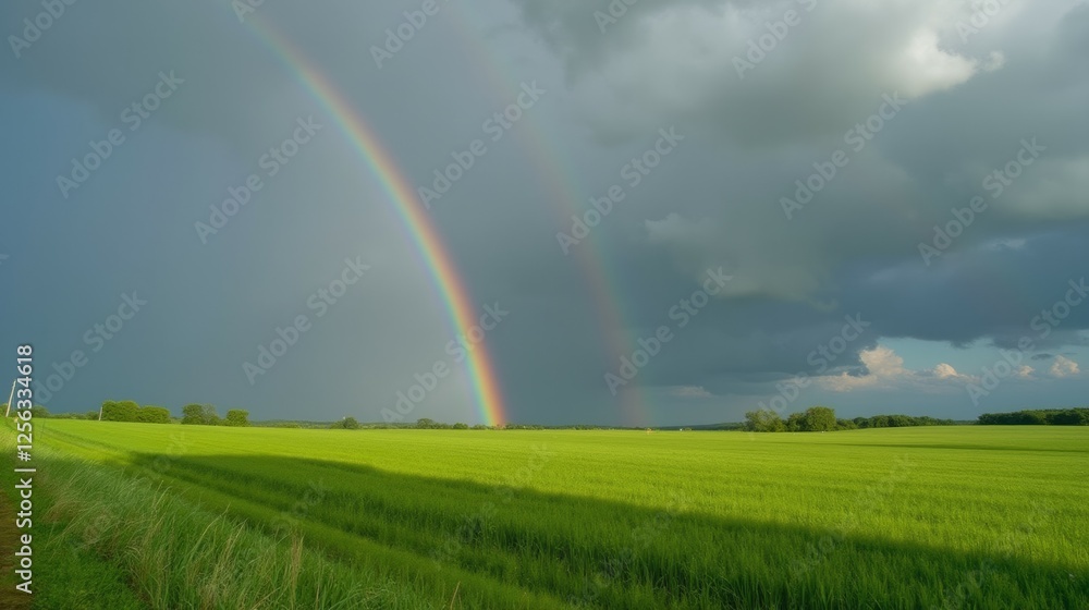 Vibrant Rainbow Over Lush Green Fields Under Dramatic Clouds Vibrant Rainbow Over Lush Green Fields Under Dramatic Clouds
