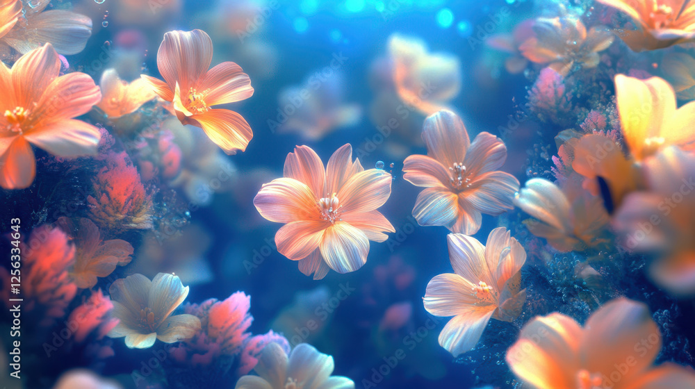 Fototapeta premium Beautiful Pastel Flowers Floating Gently in Serene Blue Water During Calm Afternoon Light