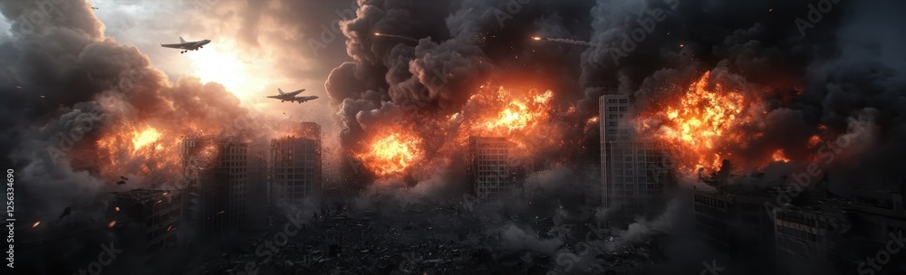 Obraz premium Fighter jets in action over war-torn cityscape