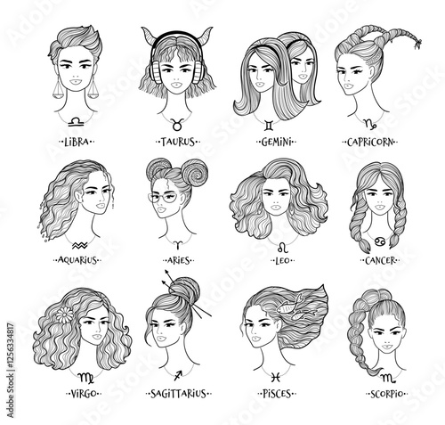 Vector illustrations collection of zodiac signs line art girls portraits