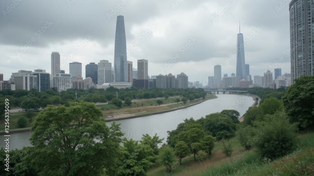 Urban Skyline with Modern Tall Buildings and River Landscape Urban Skyline with Modern Tall Buildings and River Landscape