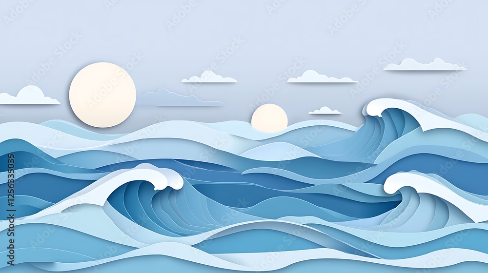 Paper Art Ocean Waves with Sun and Clouds Paper Art Ocean Waves with Sun and Clouds