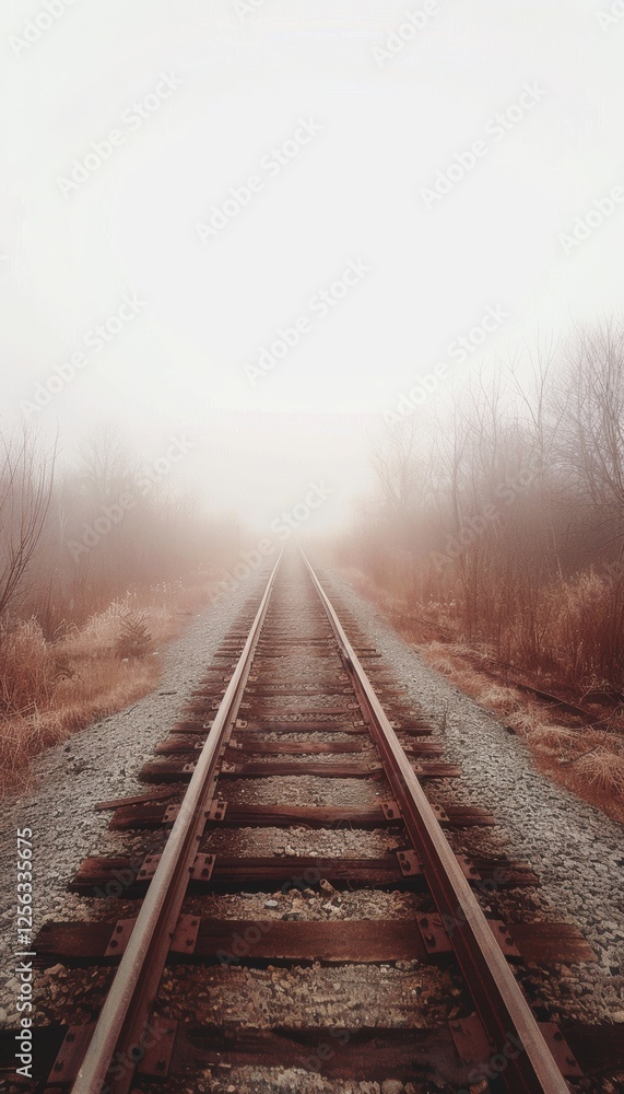 Fototapeta premium Misty Railway Track Evoking Mystery and Nostalgia with Soft Atmospheric Colors