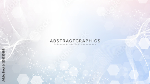 Modern scientific background with hexagons, lines and dots. Wave flow abstract background. Molecular structure for medical, technology, chemistry, science. Vector illustration