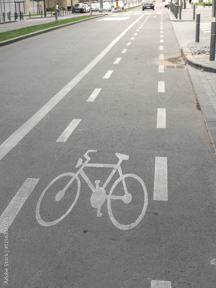 Obraz premium Bike lane is shown on a street with a bike symbol painted on the road