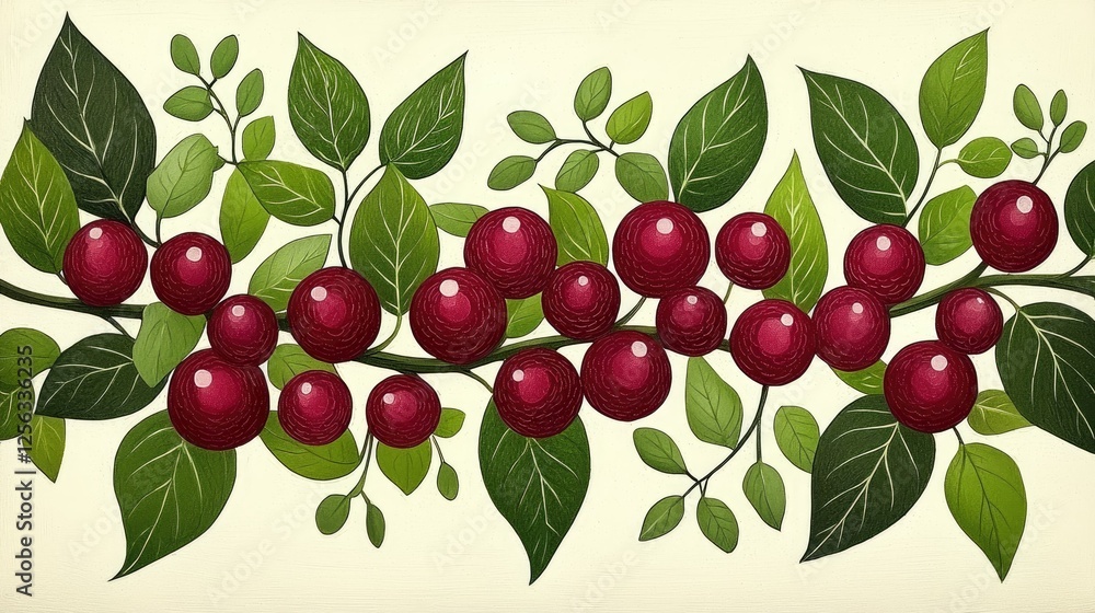 Lush Red Berries Branching with Green Leaves Lush Red Berries Branching with Green Leaves