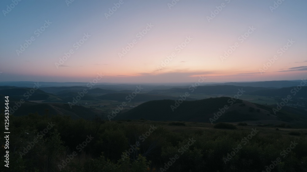 Serene Sunrise Over Rolling Hills and Valleys in Tranquil Landscape Serene Sunrise Over Rolling Hills and Valleys in Tranquil Landscape