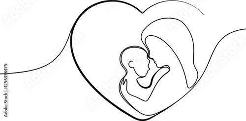 Mothers Love Heartfelt OneLine Drawing of Mother and Child