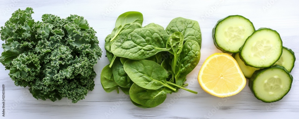 Obraz premium Fresh kale, spinach, lemon, and cucumber on white background