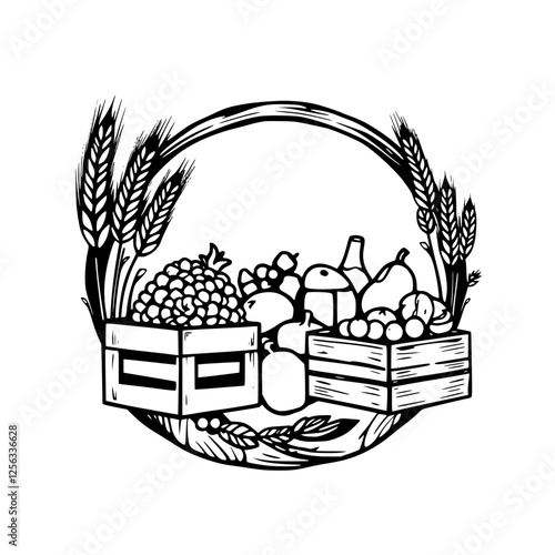 Harvest Bounty: a black and white illustration of fruits, grain and vegetables.