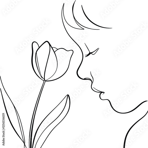 Boy smelling rose, line art, simple drawing, elegant, romantic, delicate, fragrance, nature, beauty,