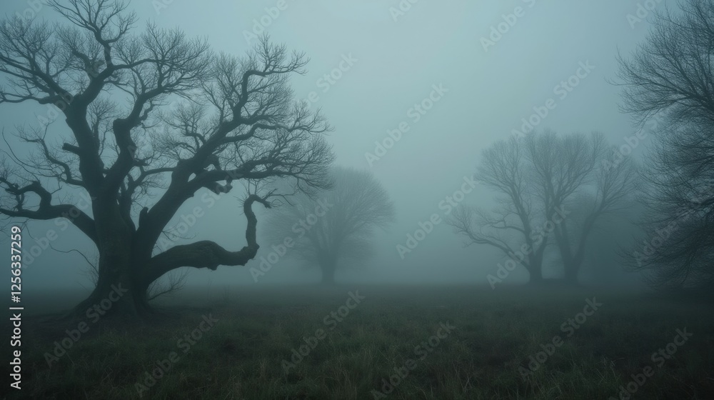 Ethereal Foggy Landscape with Stark Trees in Mysterious Atmosphere Ethereal Foggy Landscape with Stark Trees in Mysterious Atmosphere