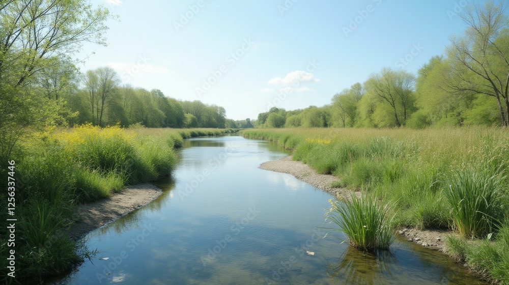 Serene River Flowing Through Lush Green Landscape Under Blue Sky Serene River Flowing Through Lush Green Landscape Under Blue Sky