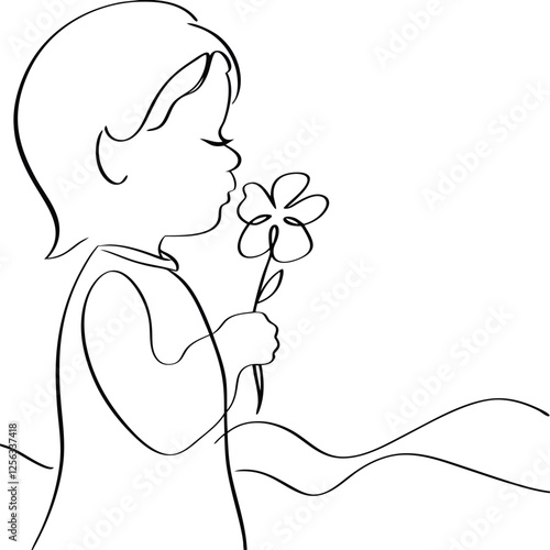 Child smelling flower, minimalist line art, simple drawing, nature, innocence, purity, beauty, sprin