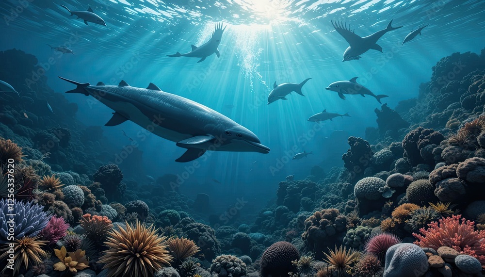 Fototapeta premium Marine Life with Dolphin and Whale in the Ocean - Endangered Species, Wildlife Conservation, Exotic Animals, Animal Rescue, and Tropical Animals in Ocean Conservation Efforts