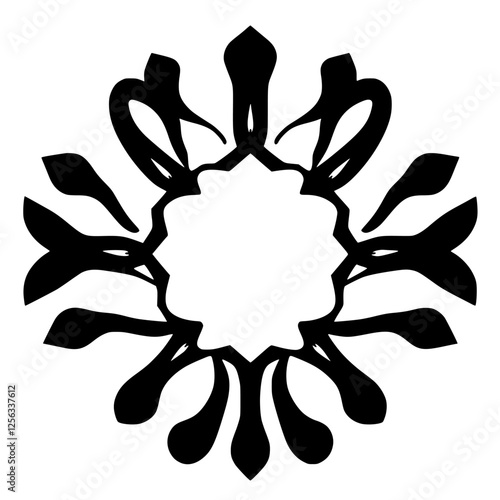 Intricate black and white symmetrical floral pattern with a stark, contrasting contrast on a pure white background.