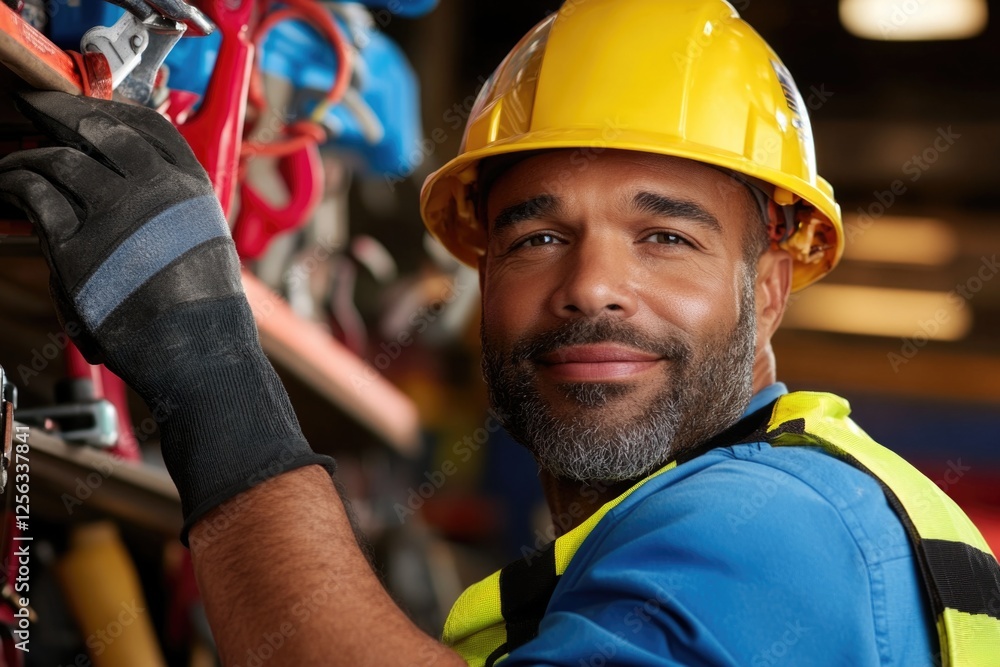 Obraz premium Smiling african male adult worker in safety gear at construction site