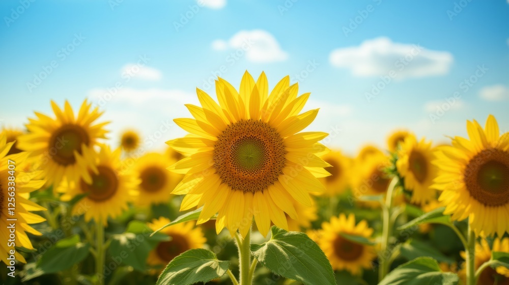 Vibrant Sunflower Field Under Bright Blue Sky and Fluffy Clouds Vibrant Sunflower Field Under Bright Blue Sky and Fluffy Clouds