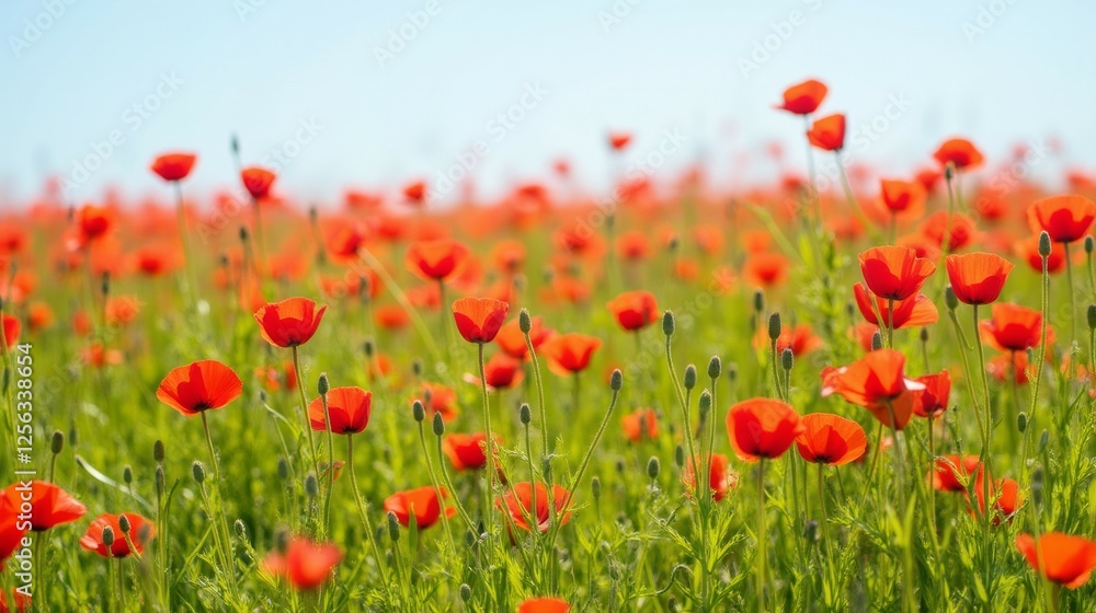 Fototapeta premium Vibrant Red Poppies Blooming Under Clear Blue Sky in Meadow