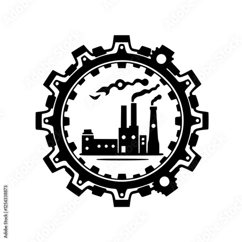 Black gear silhouette of an industrial factory, inside a cogwheel. The factory emits smoke.