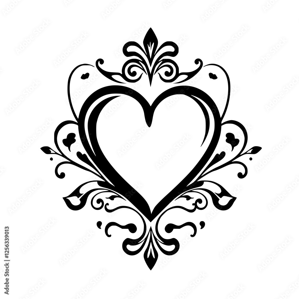 Black and White Heart with Floral Embellishments on White Background, a Decorative Symbol of Love and Affection. Black and White Heart with Floral Embellishments on White Background, a Decorative Symbol of Love and Affection.
