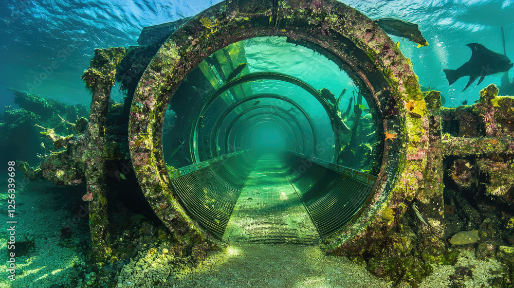Obraz premium Underwater view of a sunken circular structure surrounded by marine life and coral growth
