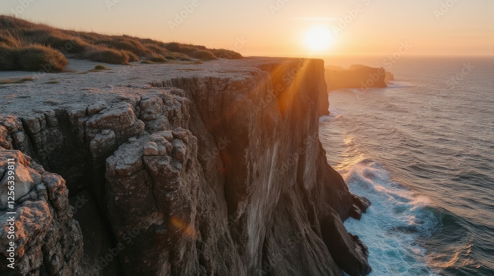 Sunset Over Dramatic Coastal Cliffs with Ocean Waves Below Sunset Over Dramatic Coastal Cliffs with Ocean Waves Below