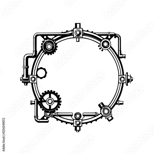 Steampunk gear-frame composition, industrial, circular, with pipes and cogs for a frame.