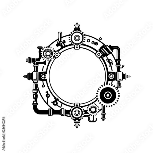 Technological, Mechanical, and Steampunk Circular Assemblage of Engineering Elements on a white background.