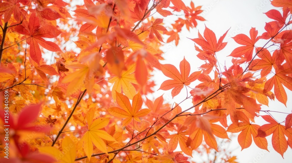Vibrant Autumn Leaves in Shades of Red and Orange Against Sky Vibrant Autumn Leaves in Shades of Red and Orange Against Sky