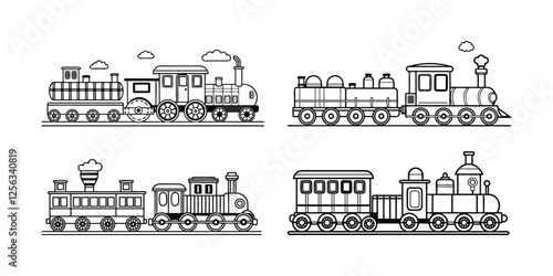 A Set of Line Art Illustrations of Four Vintage Steam Locomotives