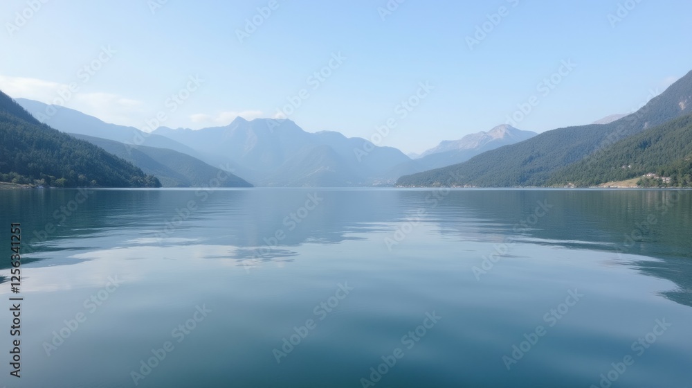 Calm Lake Reflection Surrounded by Majestic Mountains at Sunrise Calm Lake Reflection Surrounded by Majestic Mountains at Sunrise
