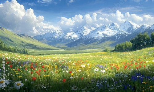 Scenic landscape with a vibrant wildflower meadow and snow capped mountains in the distance