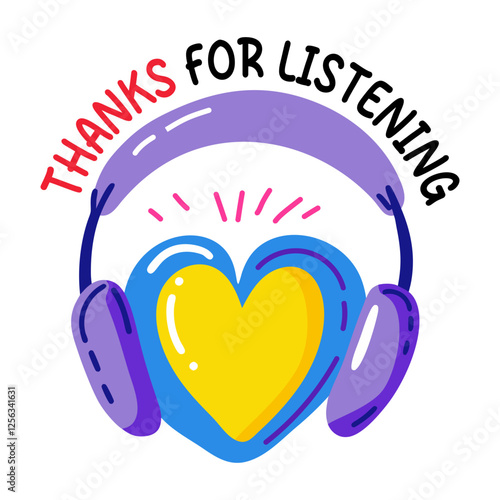 A flat sticker of headphones with thanks for listening typography