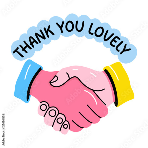 A flat sticker of handshake with thank you lovely typography