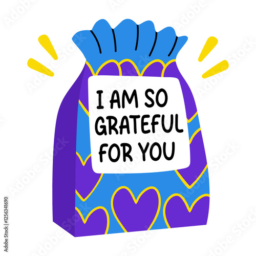 A flat sticker of goodies with grateful typography