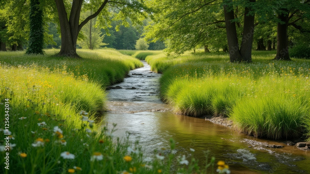 Serene Stream Surrounded by Lush Greenery and Wildflowers in Nature