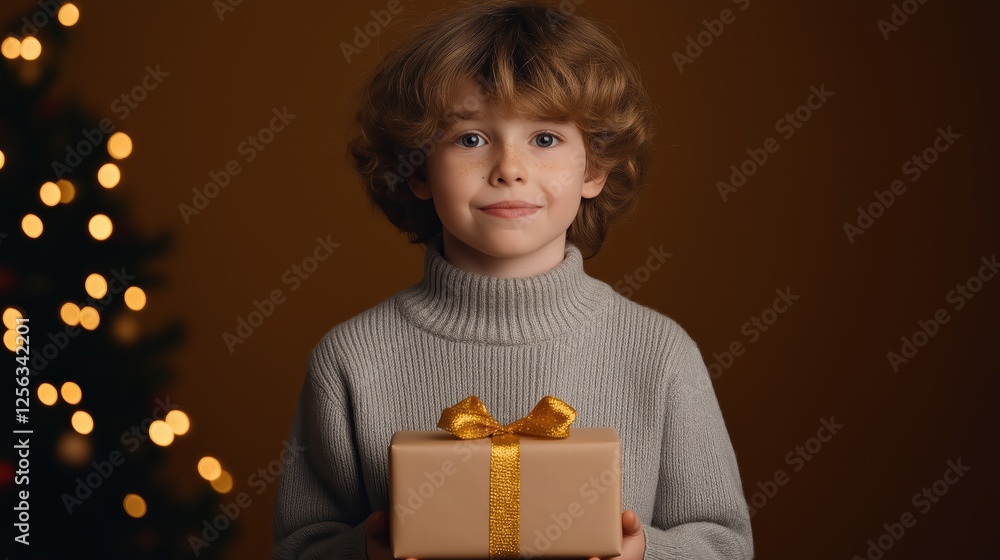 A boy in grey sweater with golden ribboned gift, festive tree lights. A boy in grey sweater with golden ribboned gift, festive tree lights.