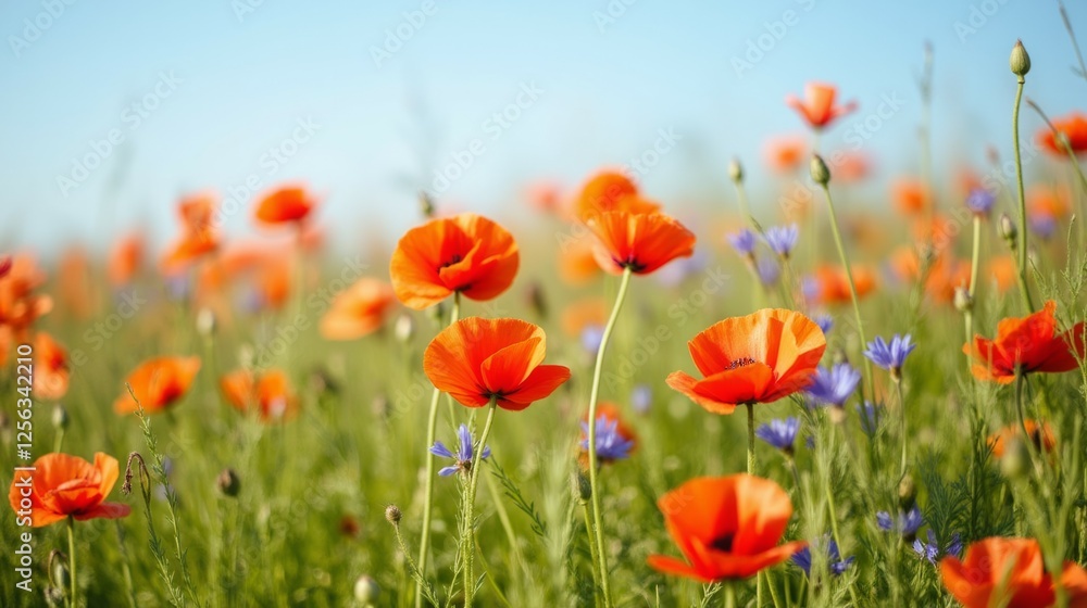 Vibrant Orange Poppies and Blue Flowers in a Sunlit Meadow Vibrant Orange Poppies and Blue Flowers in a Sunlit Meadow