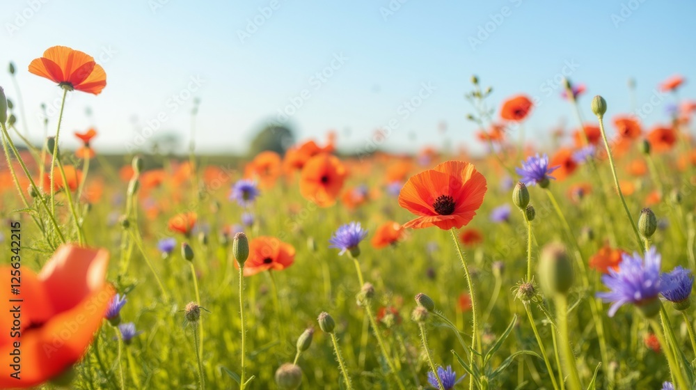Fototapeta premium Vibrant Wildflower Meadow with Poppies and Cornflowers in Bloom