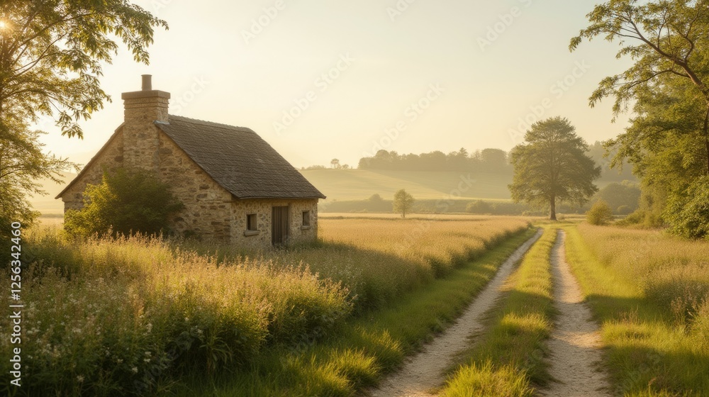 Obraz premium Serene Countryside Scene with Cottage and Sunlit Meadow Pathway