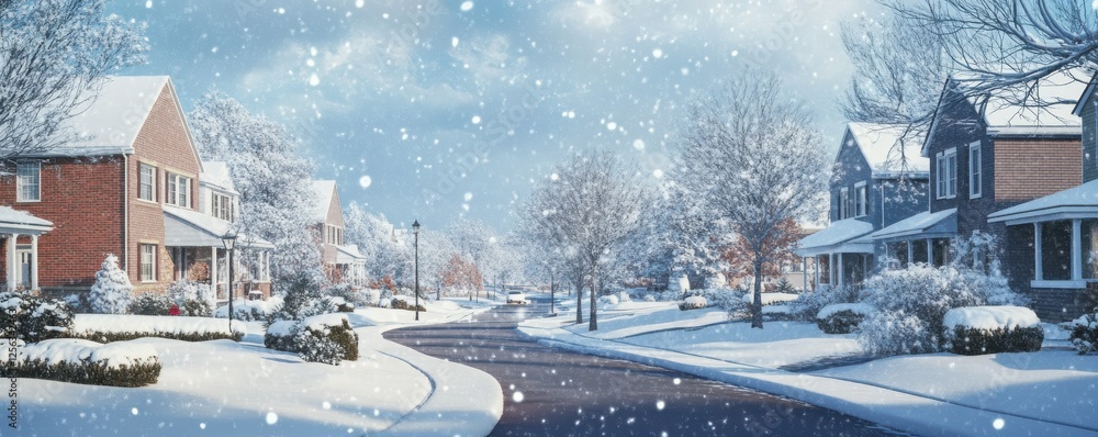 Obraz premium Snowy suburban street scene with red brick houses and falling snowflakes