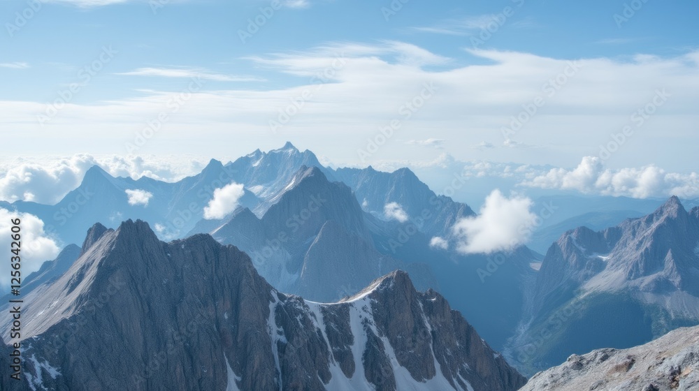 Fototapeta premium Stunning Mountain Range Under a Bright Blue Sky with White Clouds
