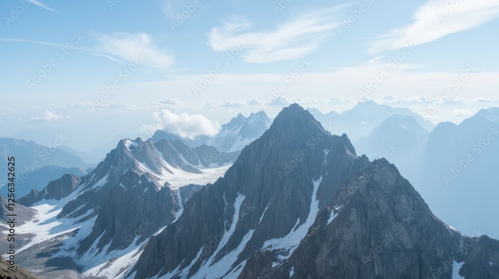 Majestic Mountain Landscape with Snow and Clouds in Blue Sky Majestic Mountain Landscape with Snow and Clouds in Blue Sky