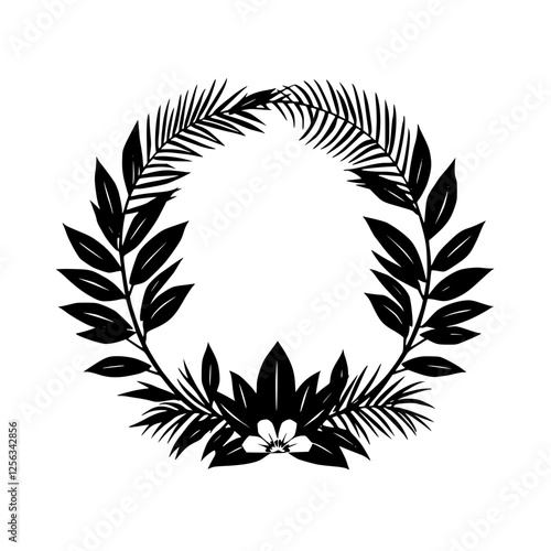 Tropical botanical wreath composed of leaves, ferns, and a single blossom, in grayscale.