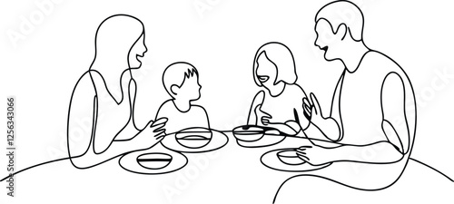 Happy Family Enjoying Mealtime Together Line Art Drawing