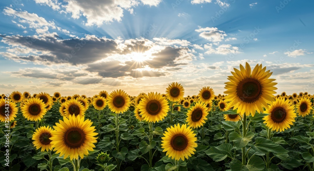 Fototapeta premium Vibrant sunflower field under a bright sky with sunbeams