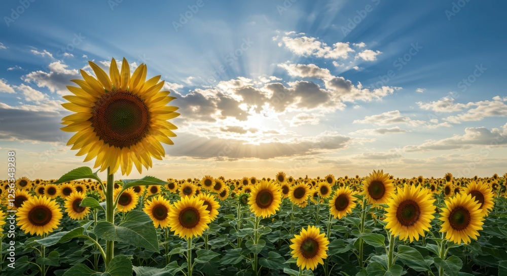 Fototapeta premium Sunflower field at sunset with dramatic sky and sunbeams