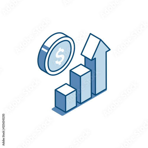 isometric vector linear icon of chart with arrow and dollar coin, in color on white background, financial growth or success