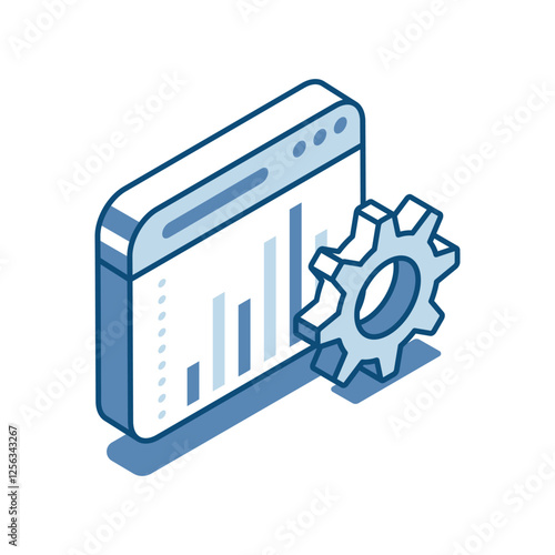 isometric vector linear icon of program window with chart and gear, in color on white background, financial analytics or data work